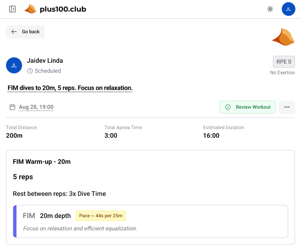 Athlete schedule showing Training Center workouts