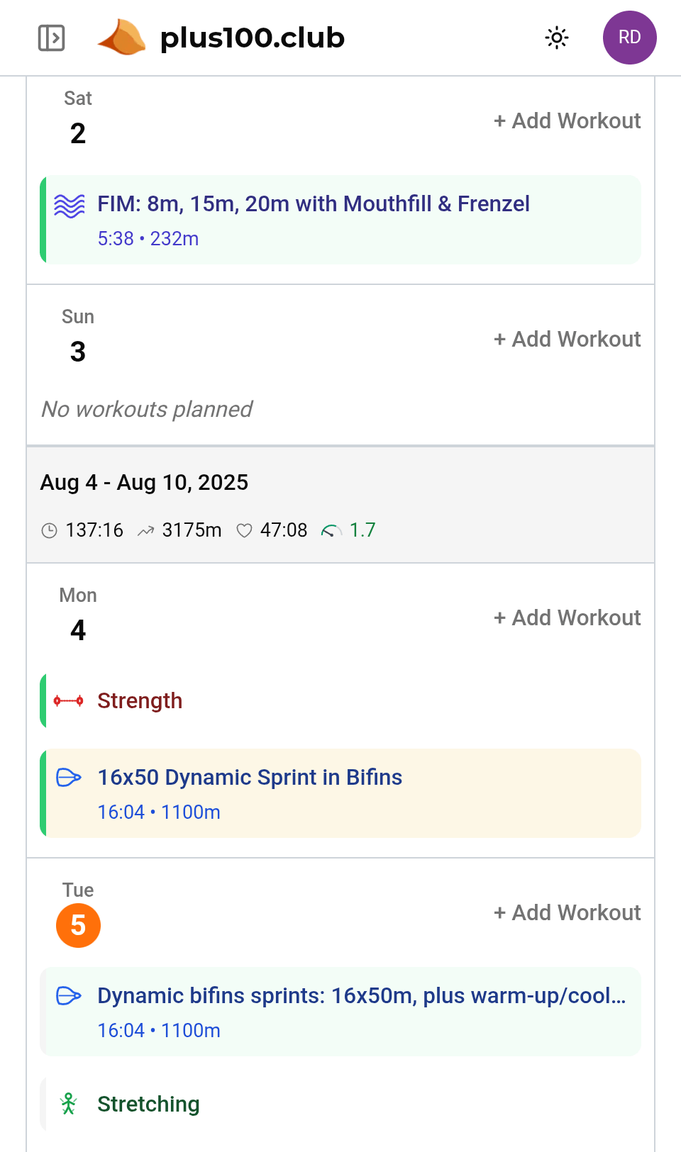 Workout Schedule - Mobile View