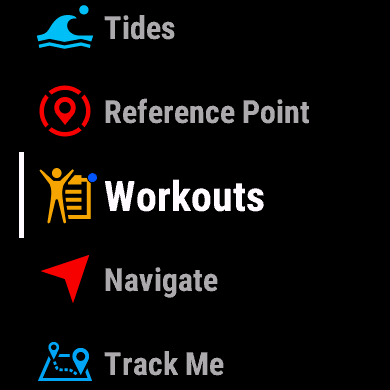 Workouts menu on Garmin watch